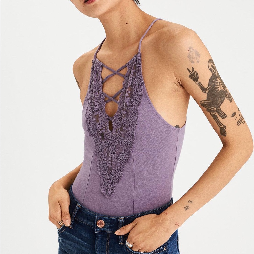 American Eagle Purple Lace Paneled Cross Bodysuit